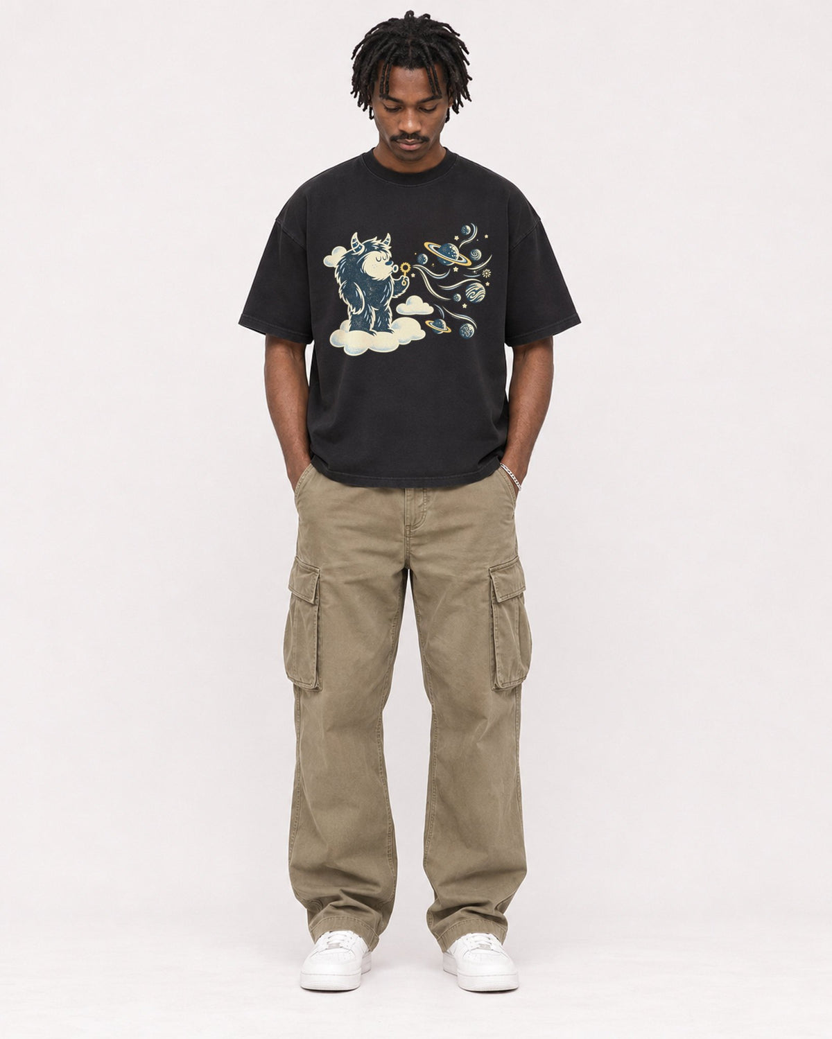 Mockup Boxy Heavyweight Tee Black male full-body 04