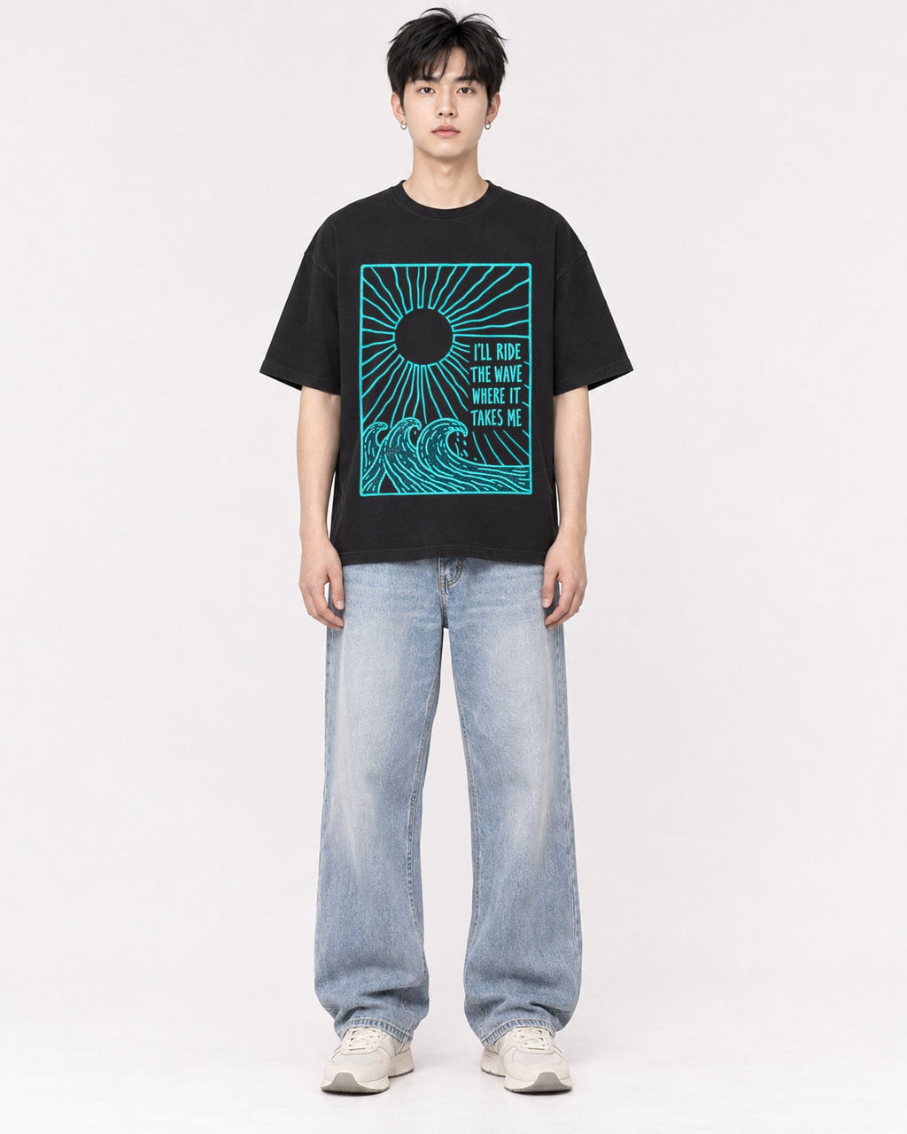 Mockup Boxy Heavyweight Tee Black male full-body 01