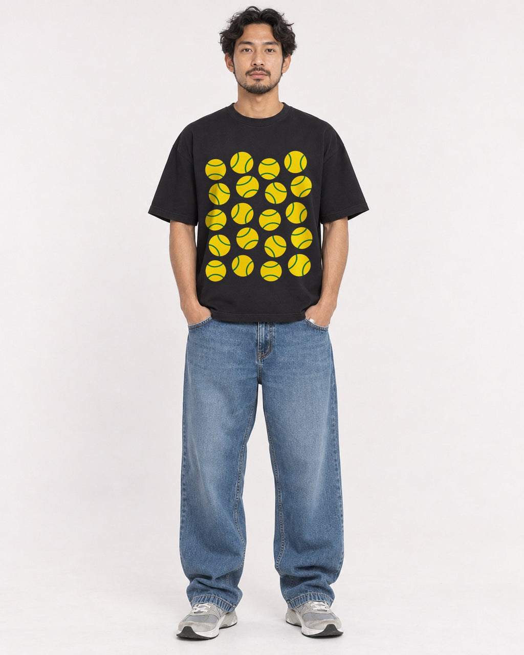 Mockup Boxy Heavyweight Tee Black male full-body 02