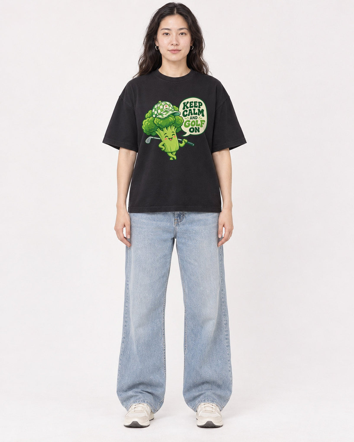 Mockup Boxy Heavyweight Tee Black female full-body 03