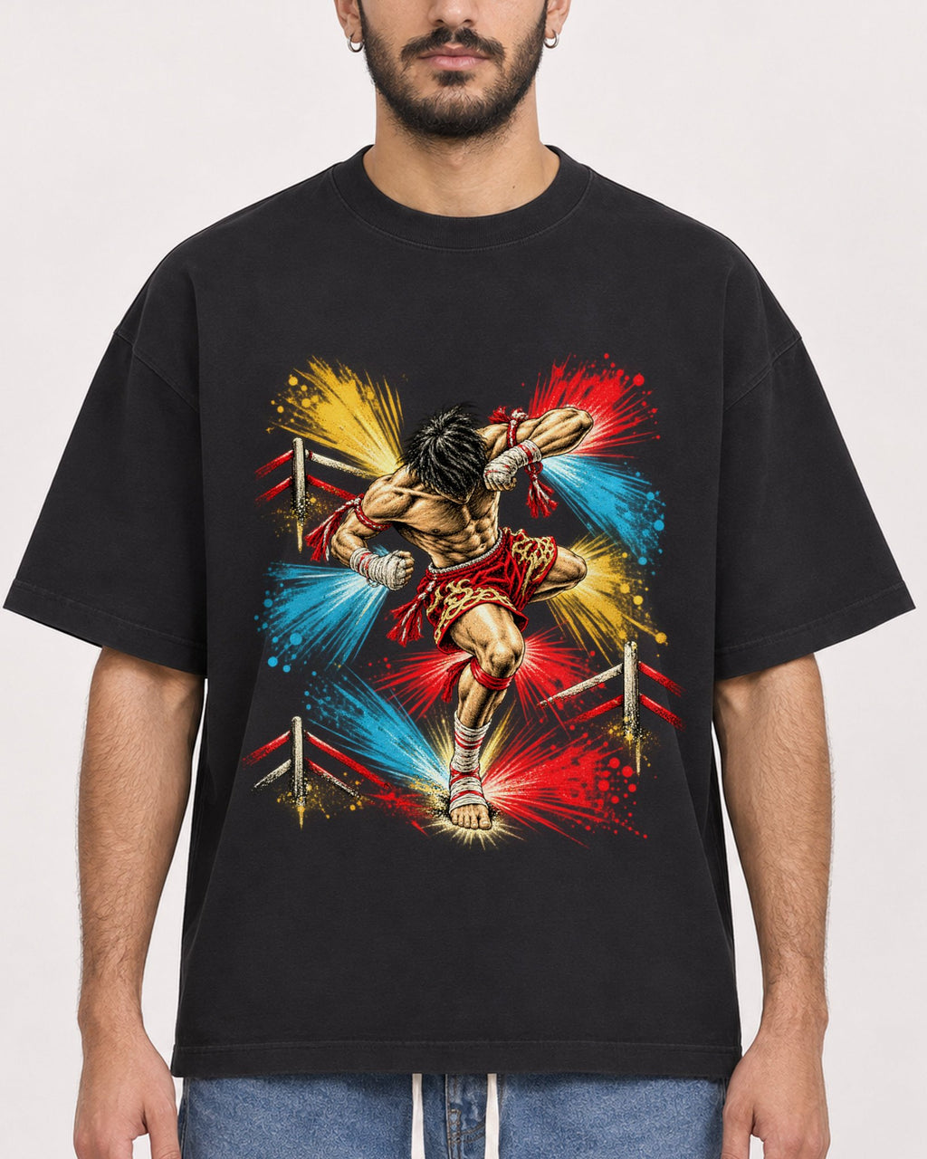Mockup Boxy Heavyweight Tee Black male close-up 07
