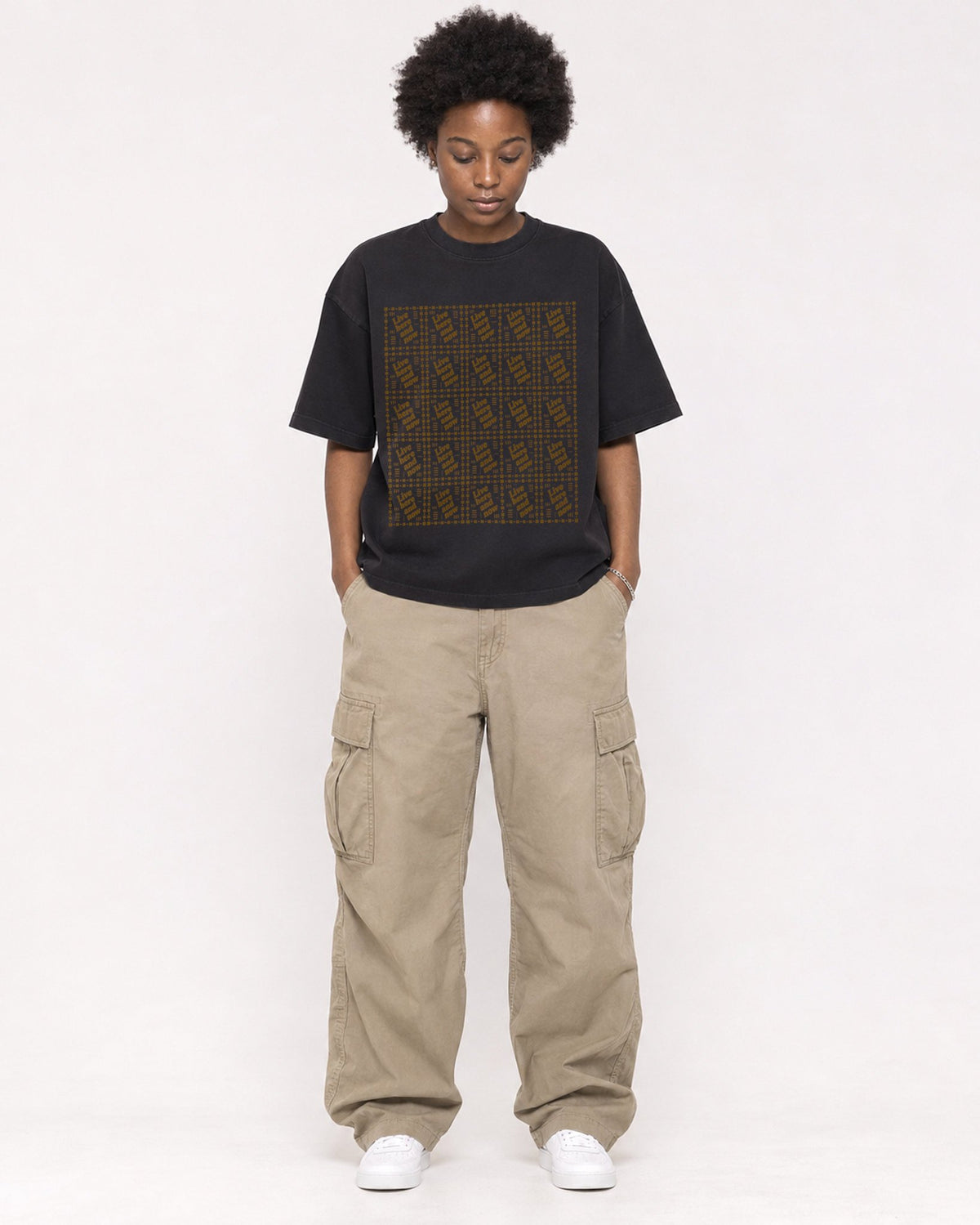 Mockup Boxy Heavyweight Tee Black female full-body 14