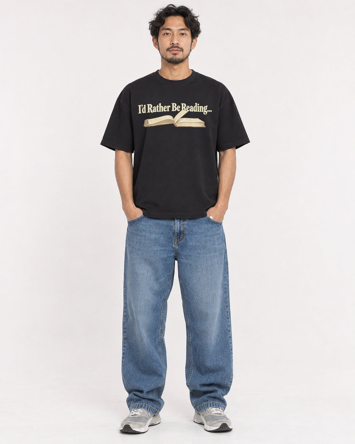 Mockup Boxy Heavyweight Tee Black male full-body 02