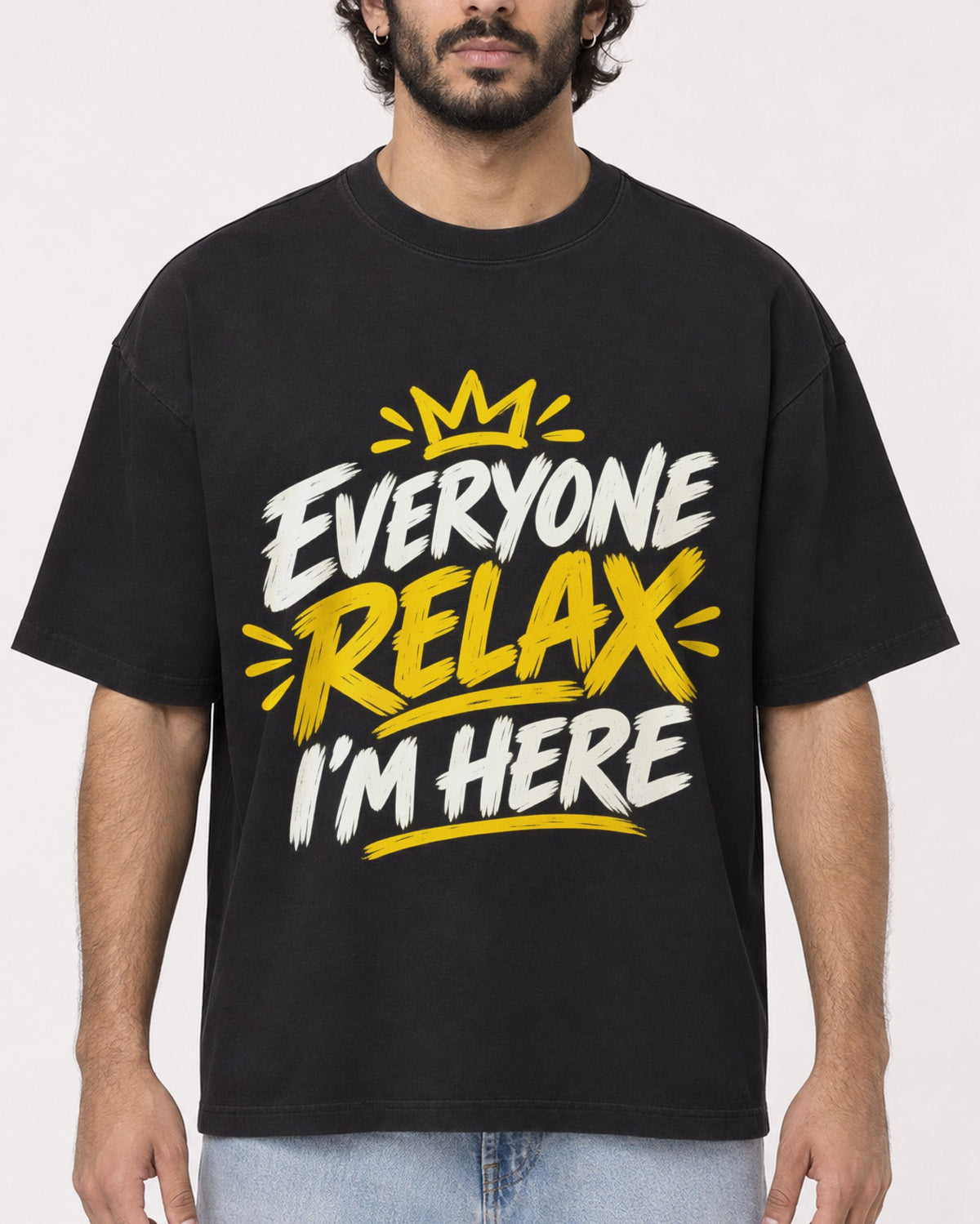 Mockup Boxy Heavyweight Tee Black male close-up 17
