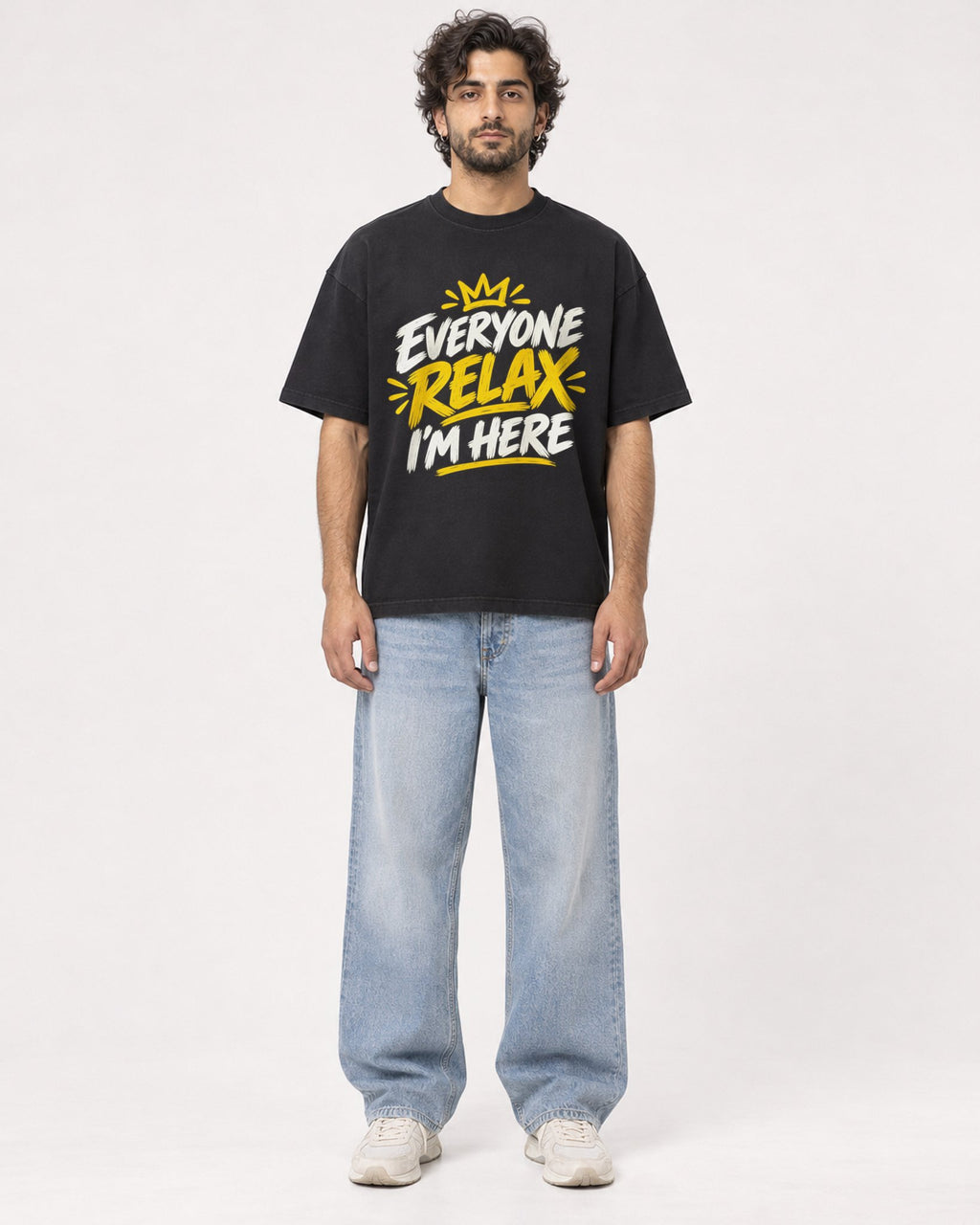 Mockup Boxy Heavyweight Tee Black male full-body 17
