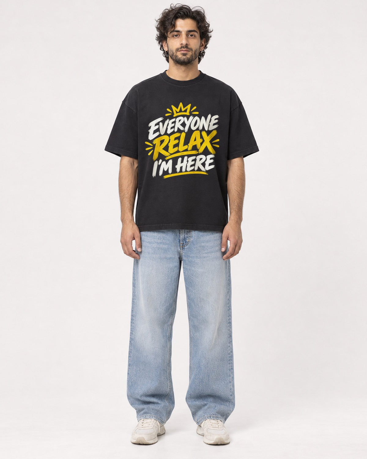 Mockup Boxy Heavyweight Tee Black male full-body 17