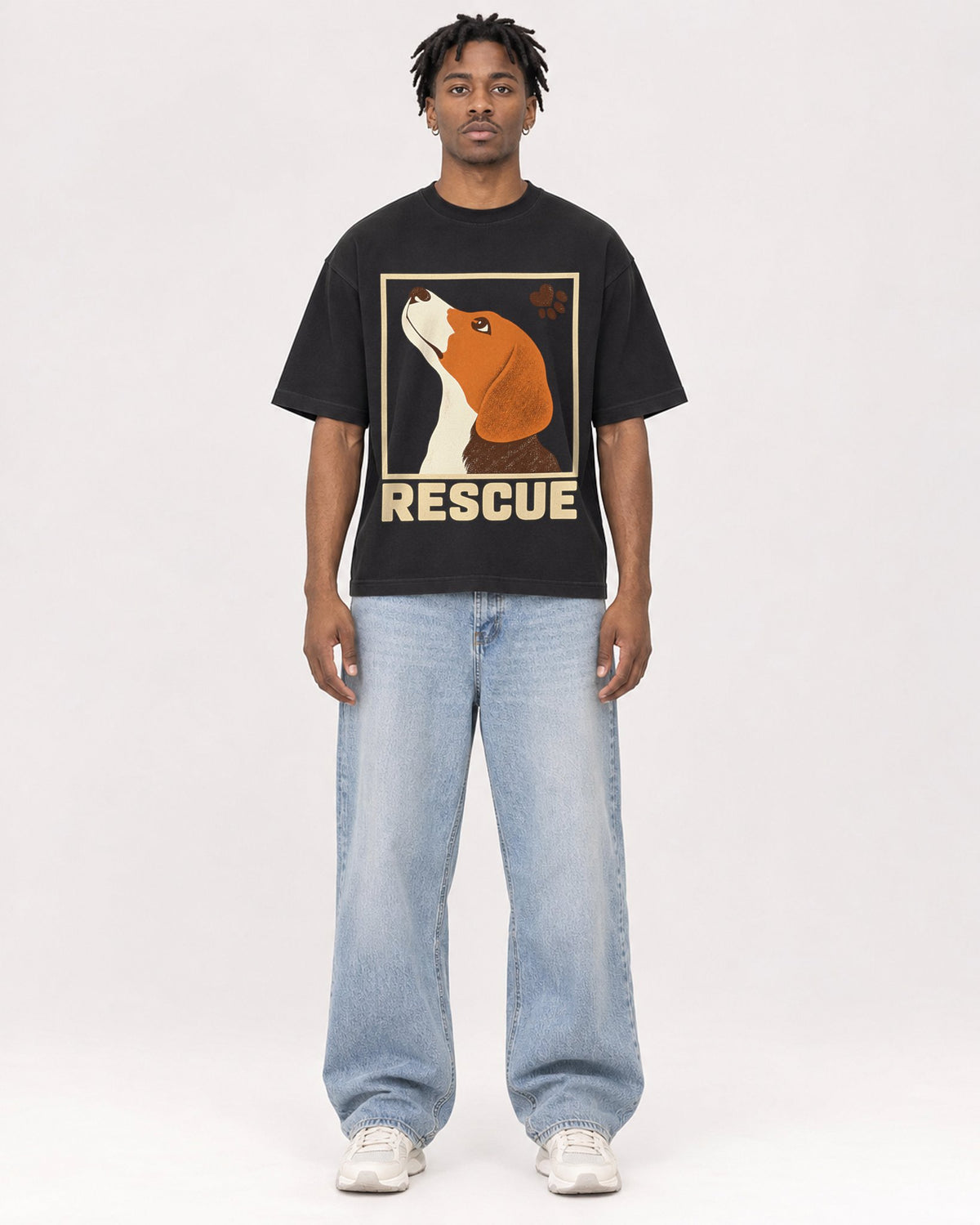 Mockup Boxy Heavyweight Tee Black male full-body 05