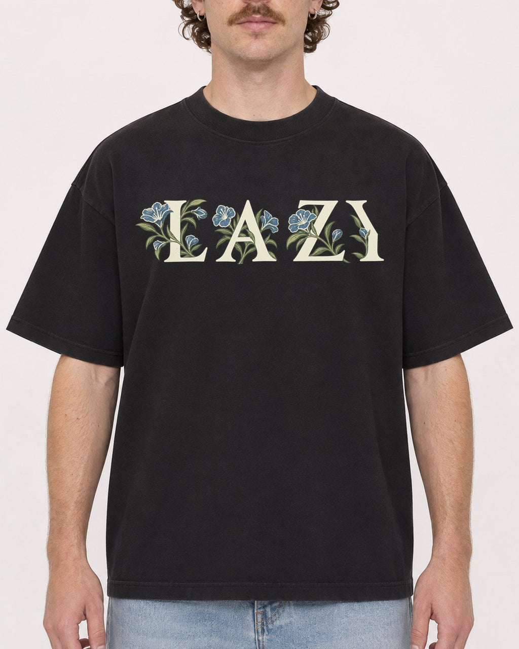 Mockup Boxy Heavyweight Tee Black male close-up 09