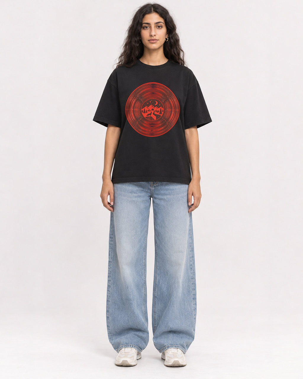 Mockup Boxy Heavyweight Tee Black female full-body 07