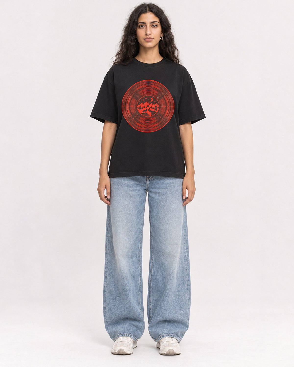 Mockup Boxy Heavyweight Tee Black female full-body 07
