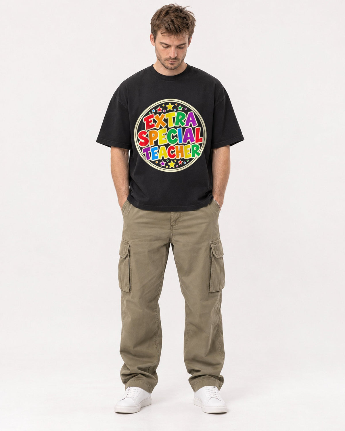 Mockup Boxy Heavyweight Tee Black male full-body 08