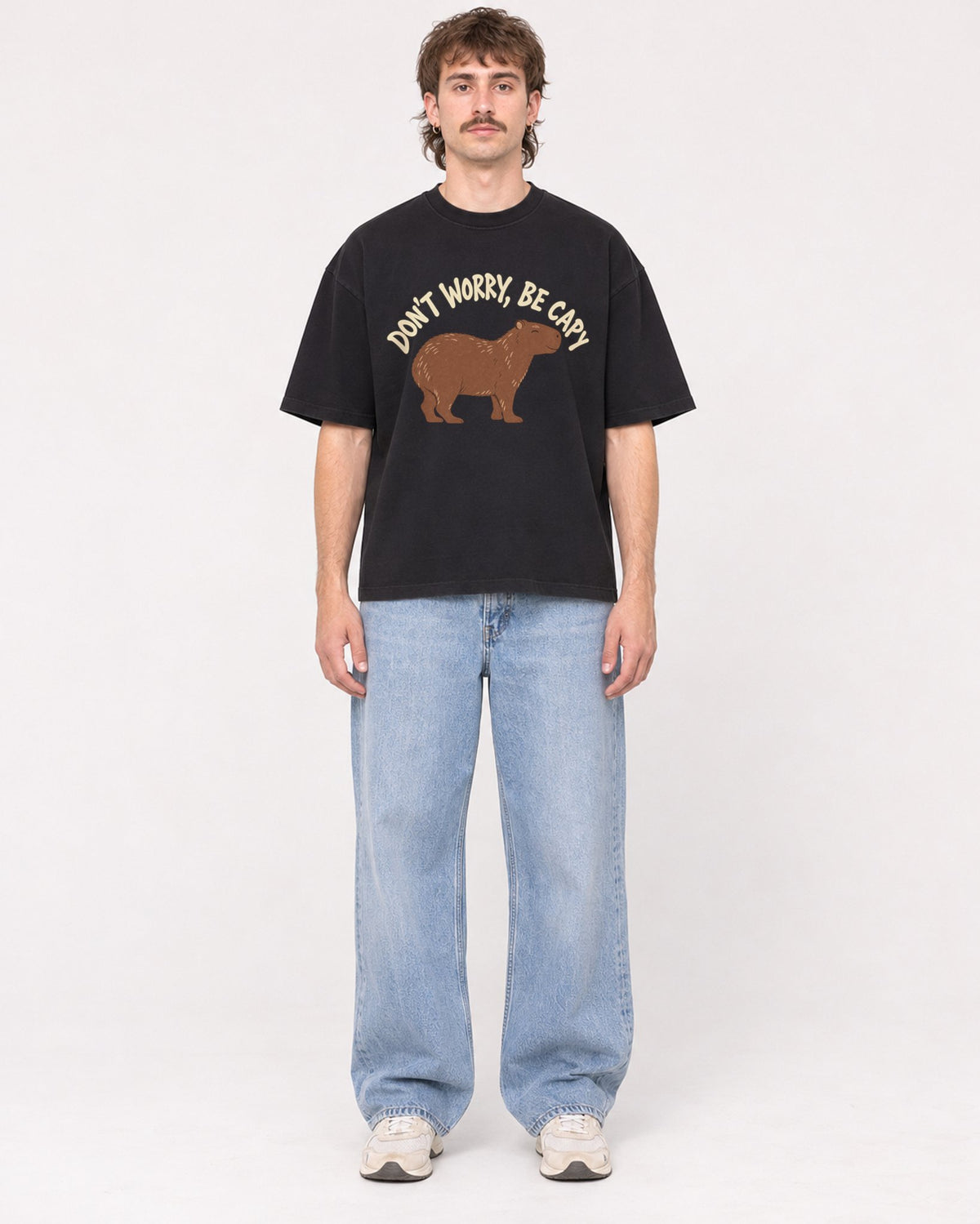 Mockup Boxy Heavyweight Tee Black male full-body 29