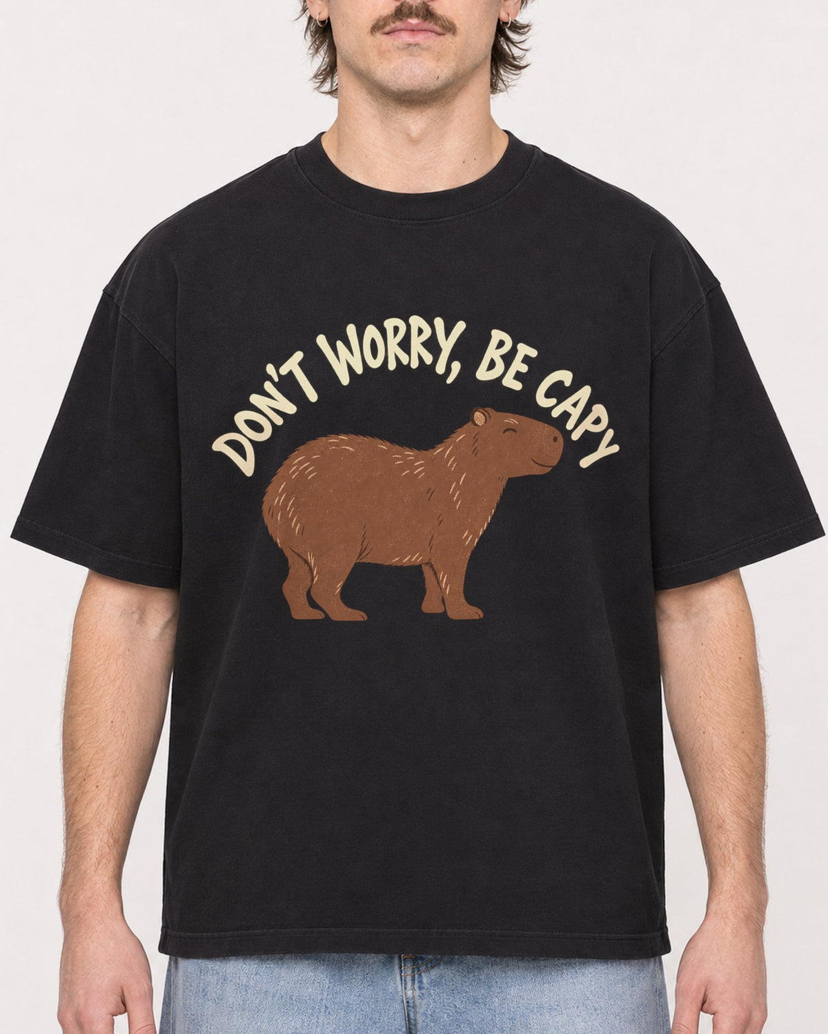 Mockup Boxy Heavyweight Tee Black male close-up 29
