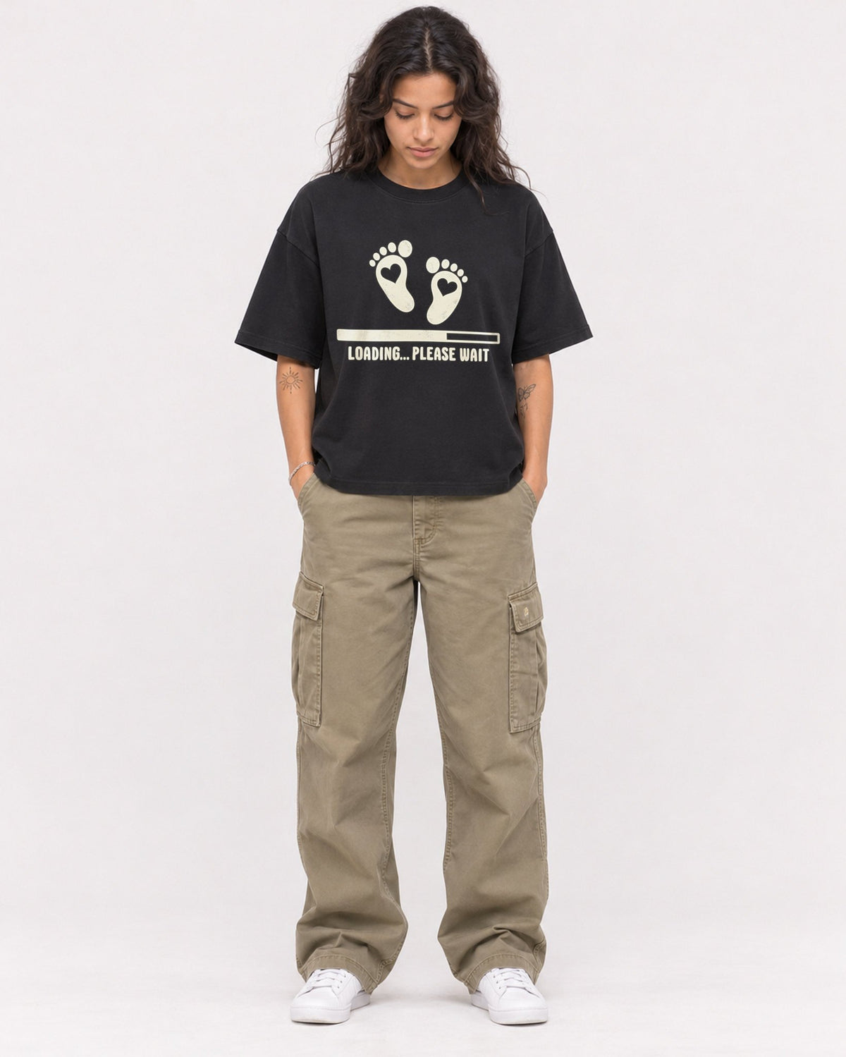 Mockup Boxy Heavyweight Tee Black female full-body 30