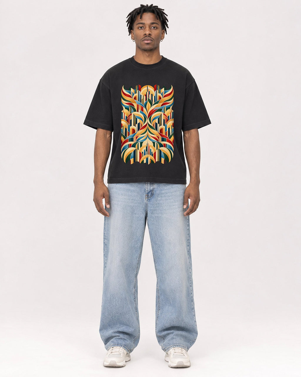 Mockup Boxy Heavyweight Tee Black male full-body 05