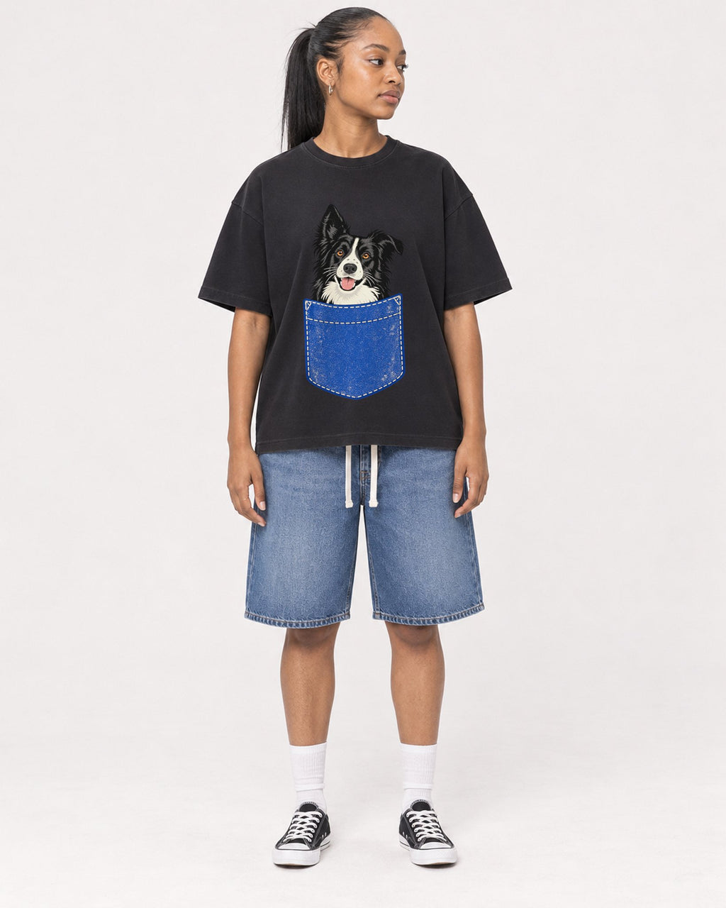 Mockup Boxy Heavyweight Tee Black female full-body 25