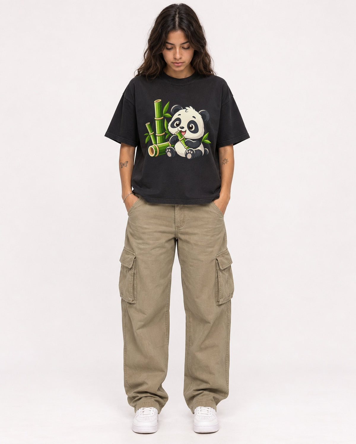 Mockup Boxy Heavyweight Tee Black female full-body 06