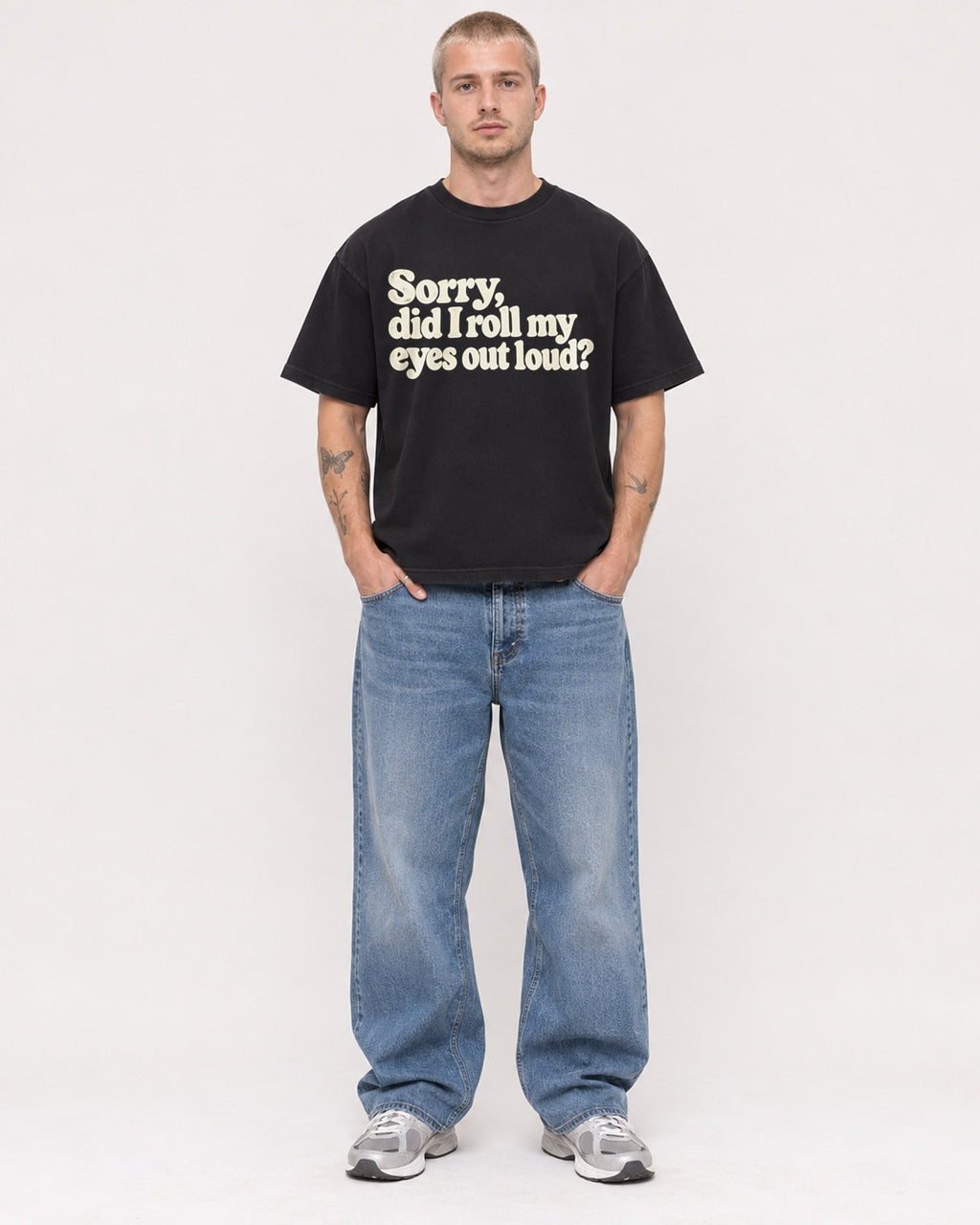 Mockup Boxy Heavyweight Tee Black male full-body 18