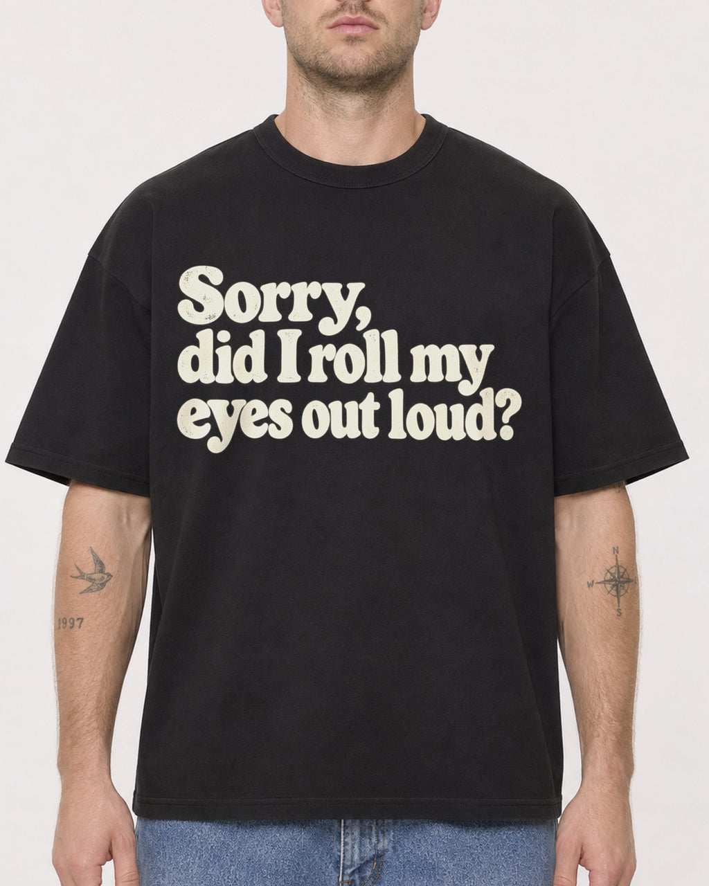 Mockup Boxy Heavyweight Tee Black male close-up 18