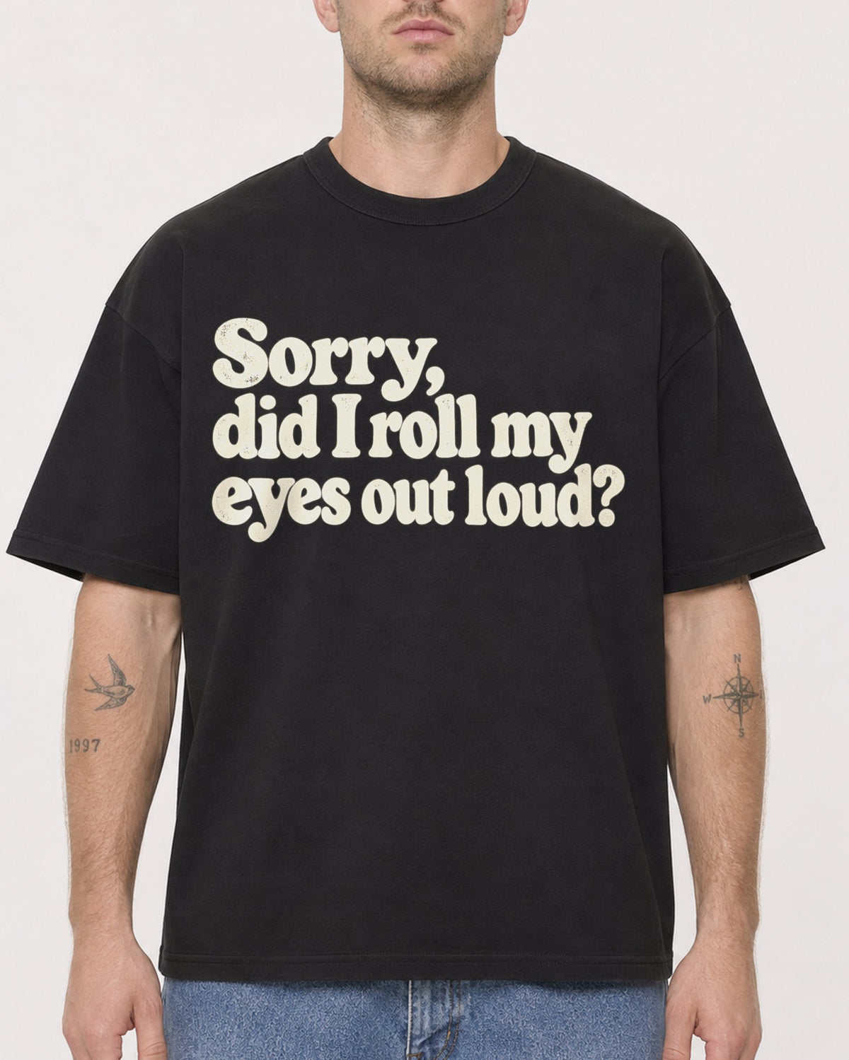 Mockup Boxy Heavyweight Tee Black male close-up 18