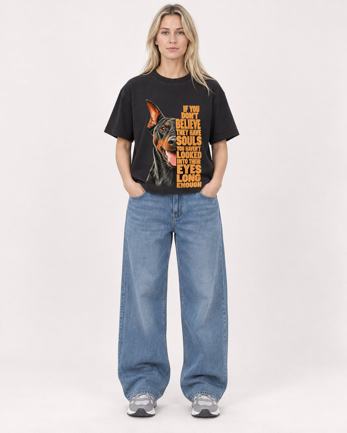 Mockup Boxy Heavyweight Tee Black female full-body 08