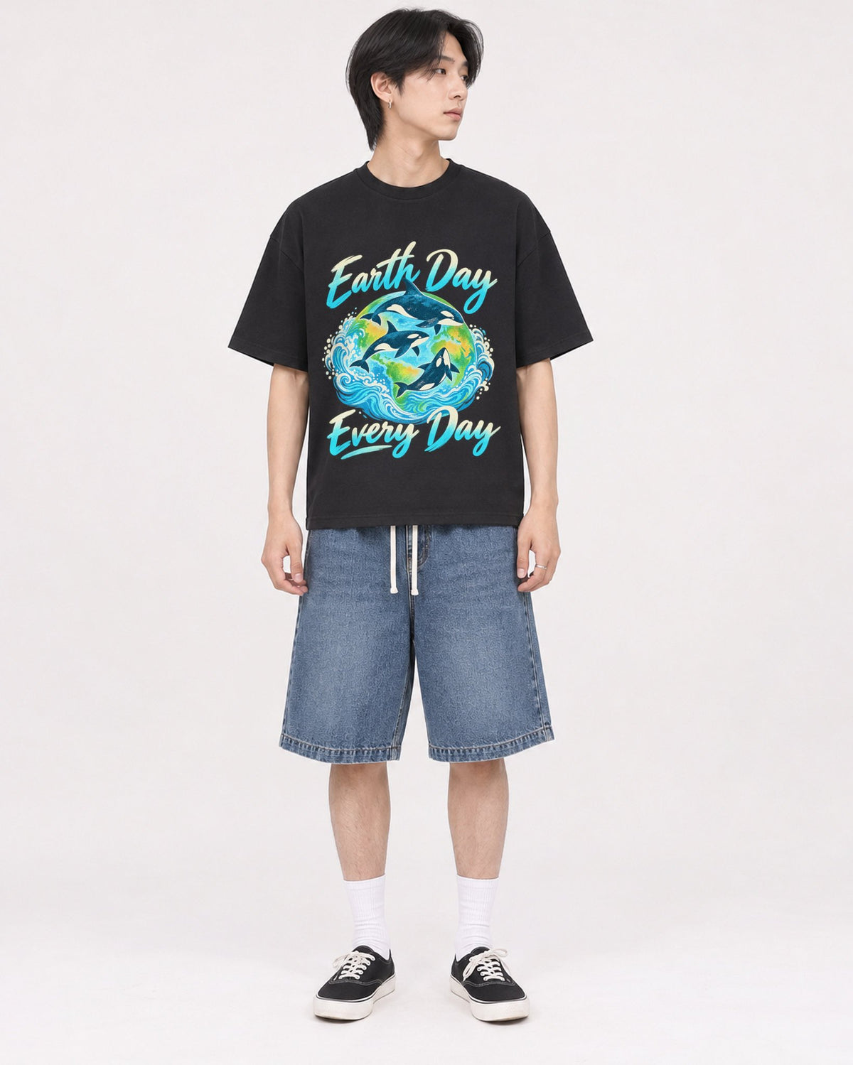 Mockup Boxy Heavyweight Tee Black male full-body 11