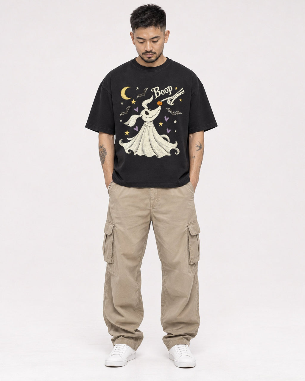 Mockup Boxy Heavyweight Tee Black male full-body 12