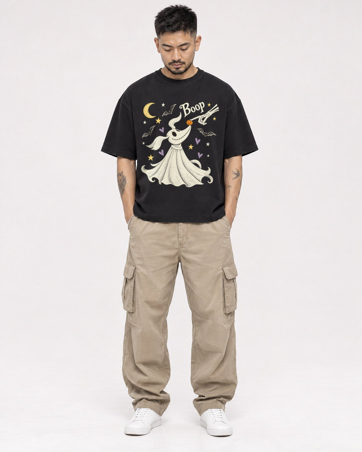 Mockup Boxy Heavyweight Tee Black male full-body 12