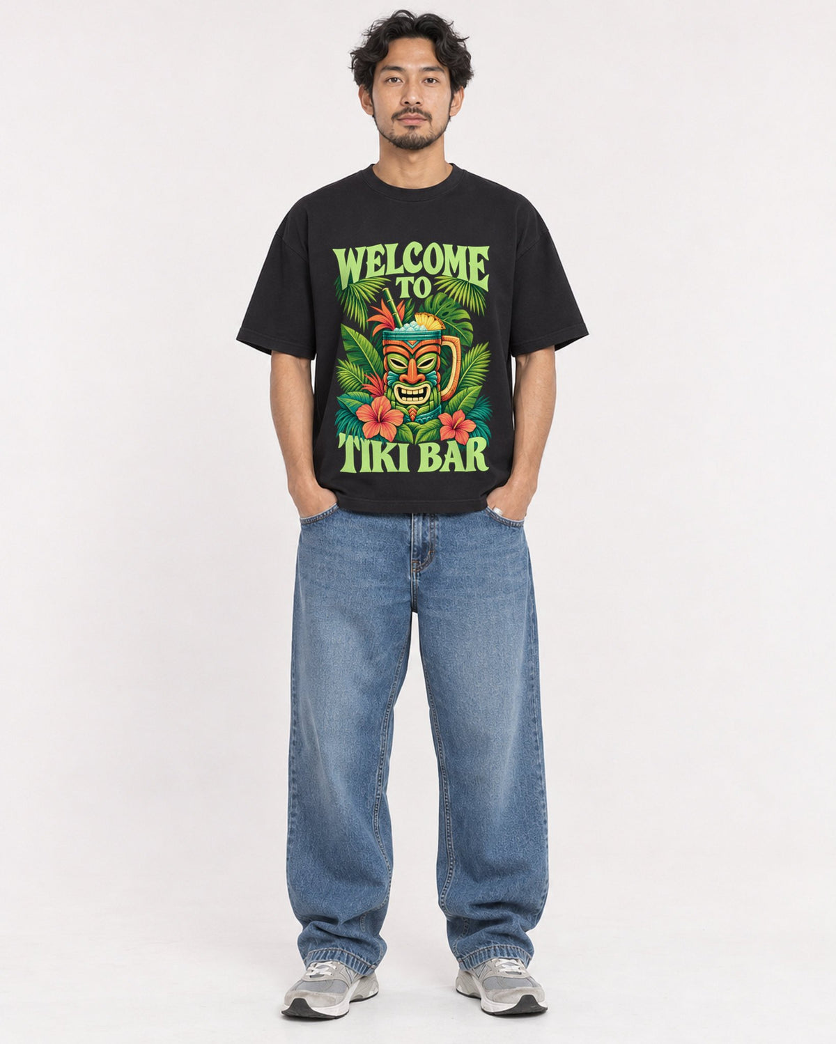Mockup Boxy Heavyweight Tee Black male full-body 02