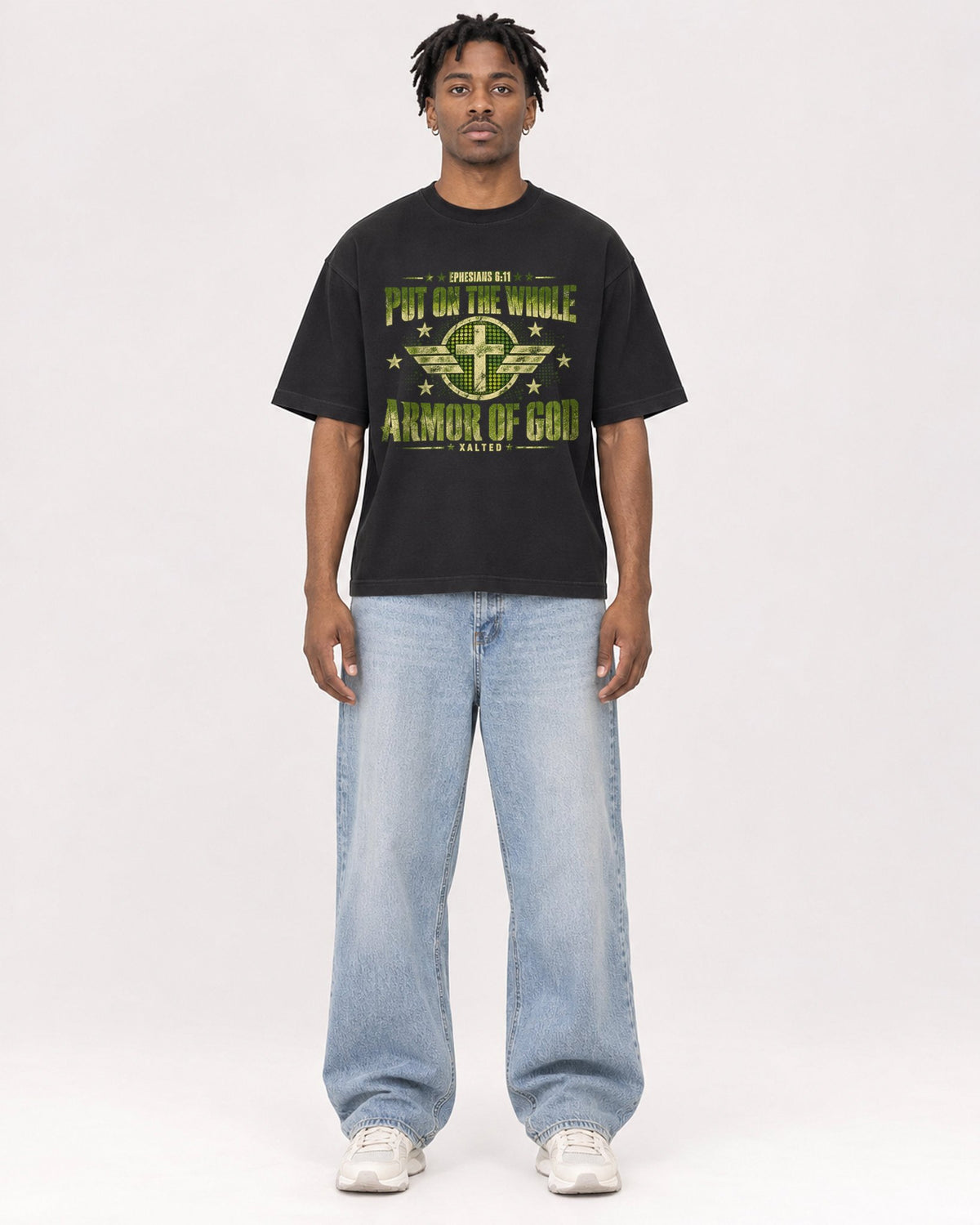 Mockup Boxy Heavyweight Tee Black male full-body 05