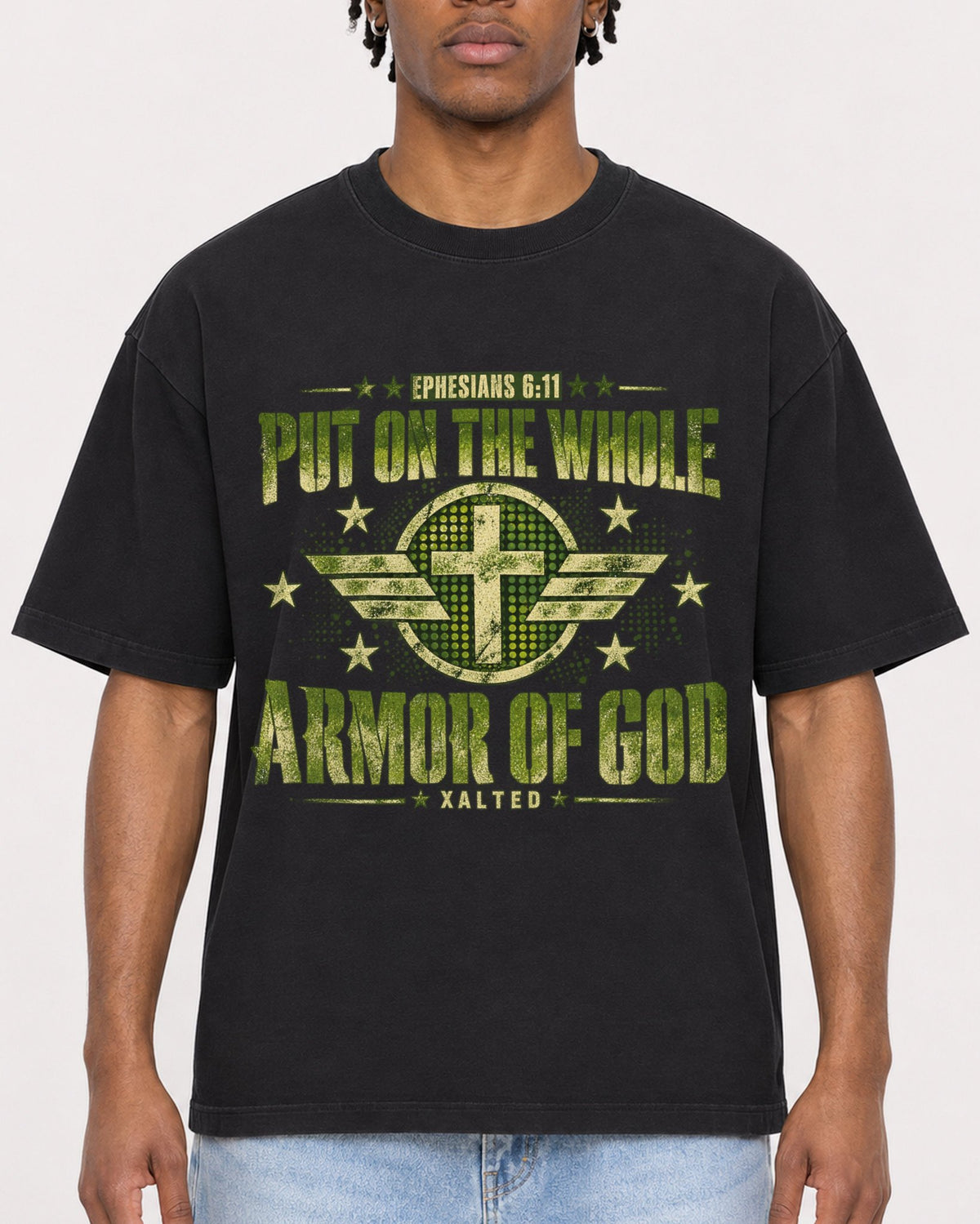 Mockup Boxy Heavyweight Tee Black male close-up 05
