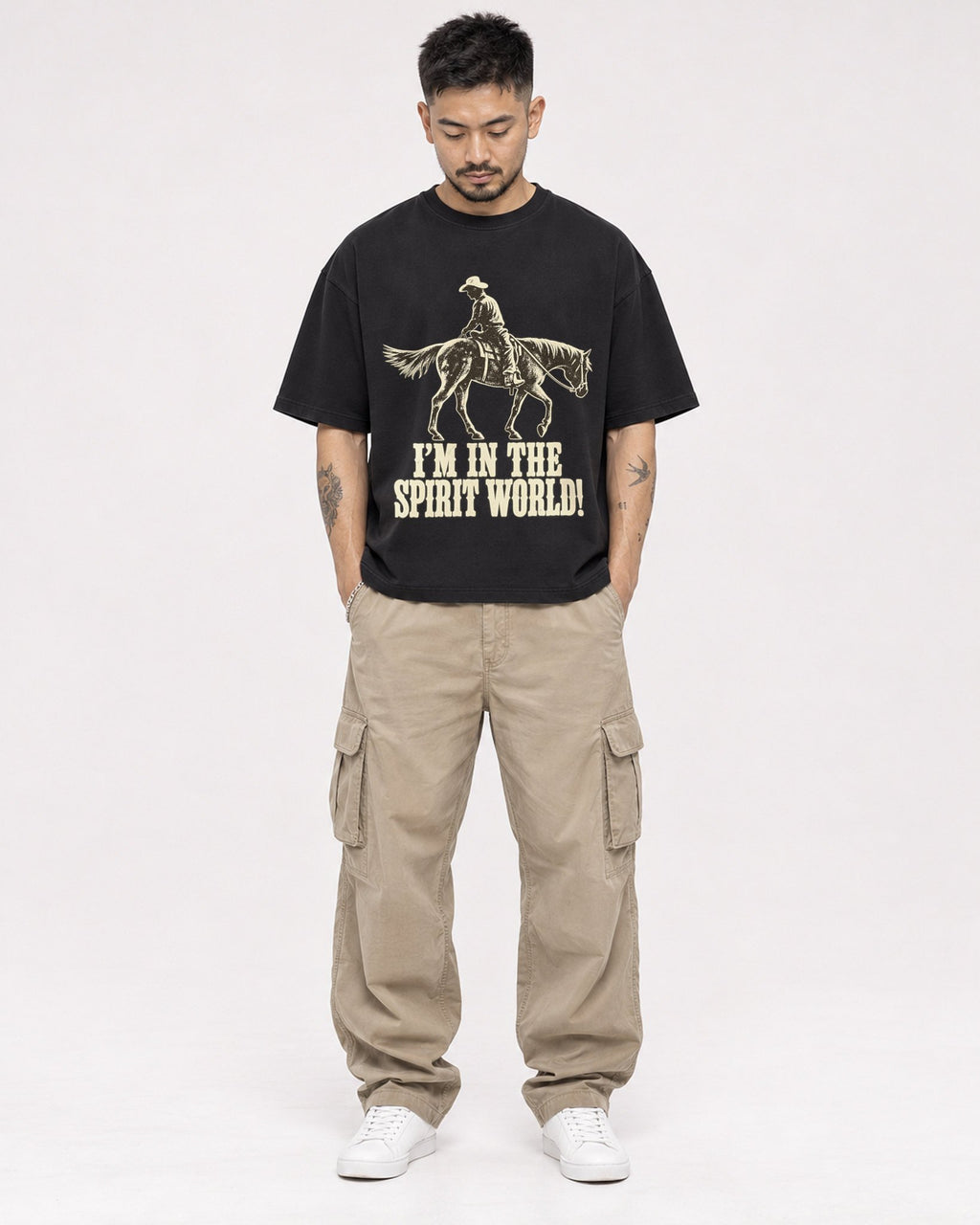 Mockup Boxy Heavyweight Tee Black male full-body 12