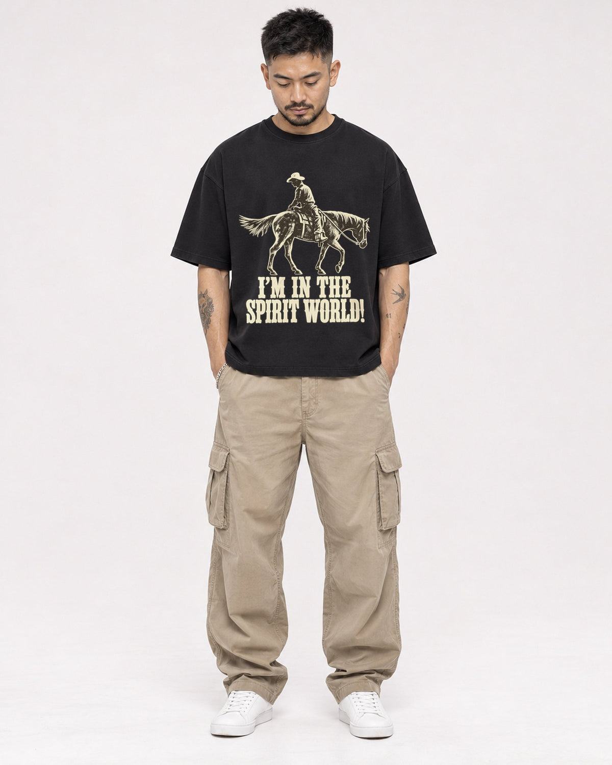 Mockup Boxy Heavyweight Tee Black male full-body 12