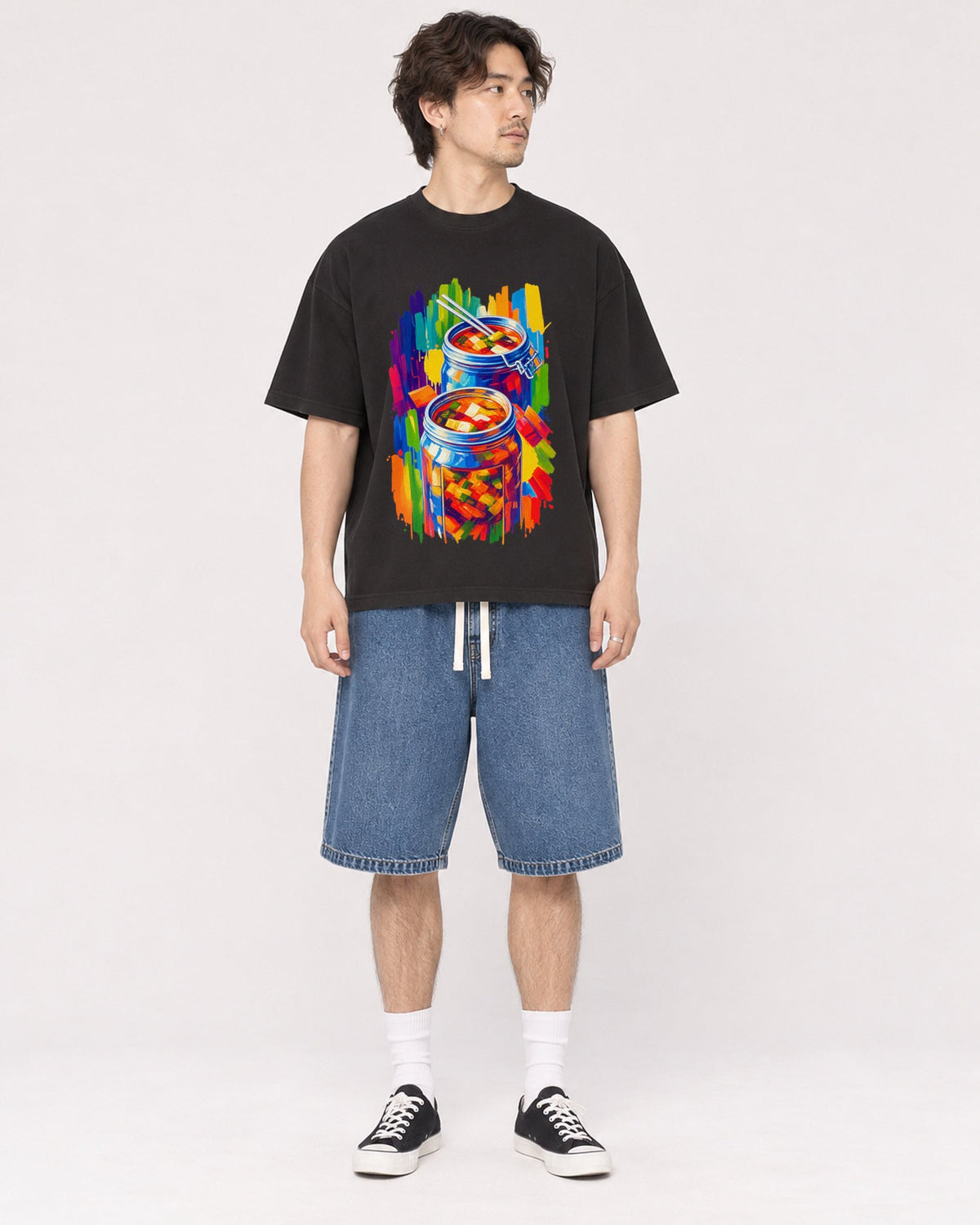 Mockup Boxy Heavyweight Tee Black male full-body 03