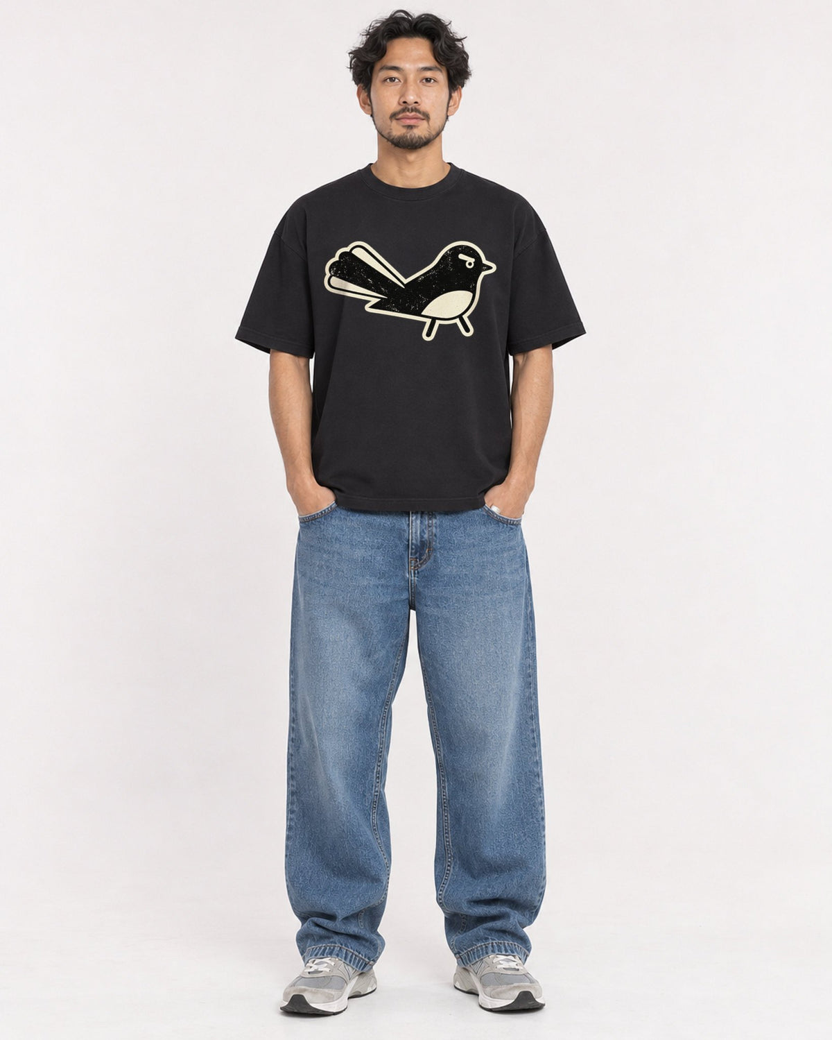 Mockup Boxy Heavyweight Tee Black male full-body 02