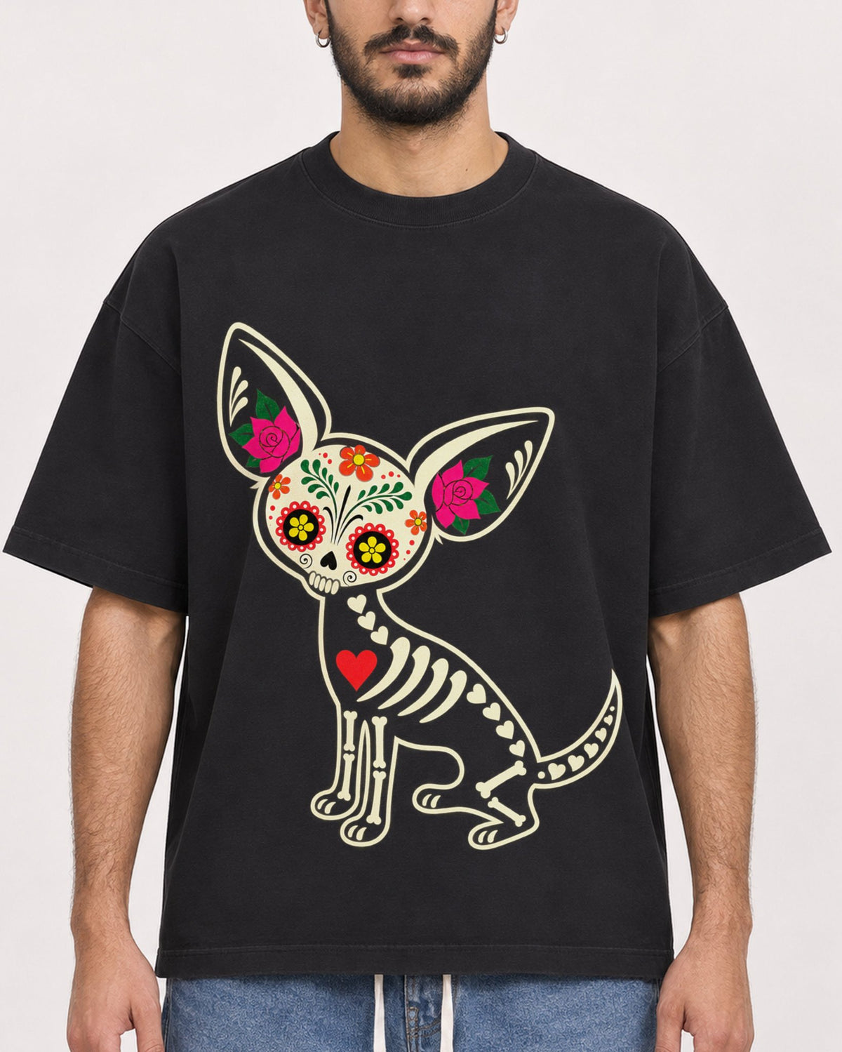 Mockup Boxy Heavyweight Tee Black male close-up 07