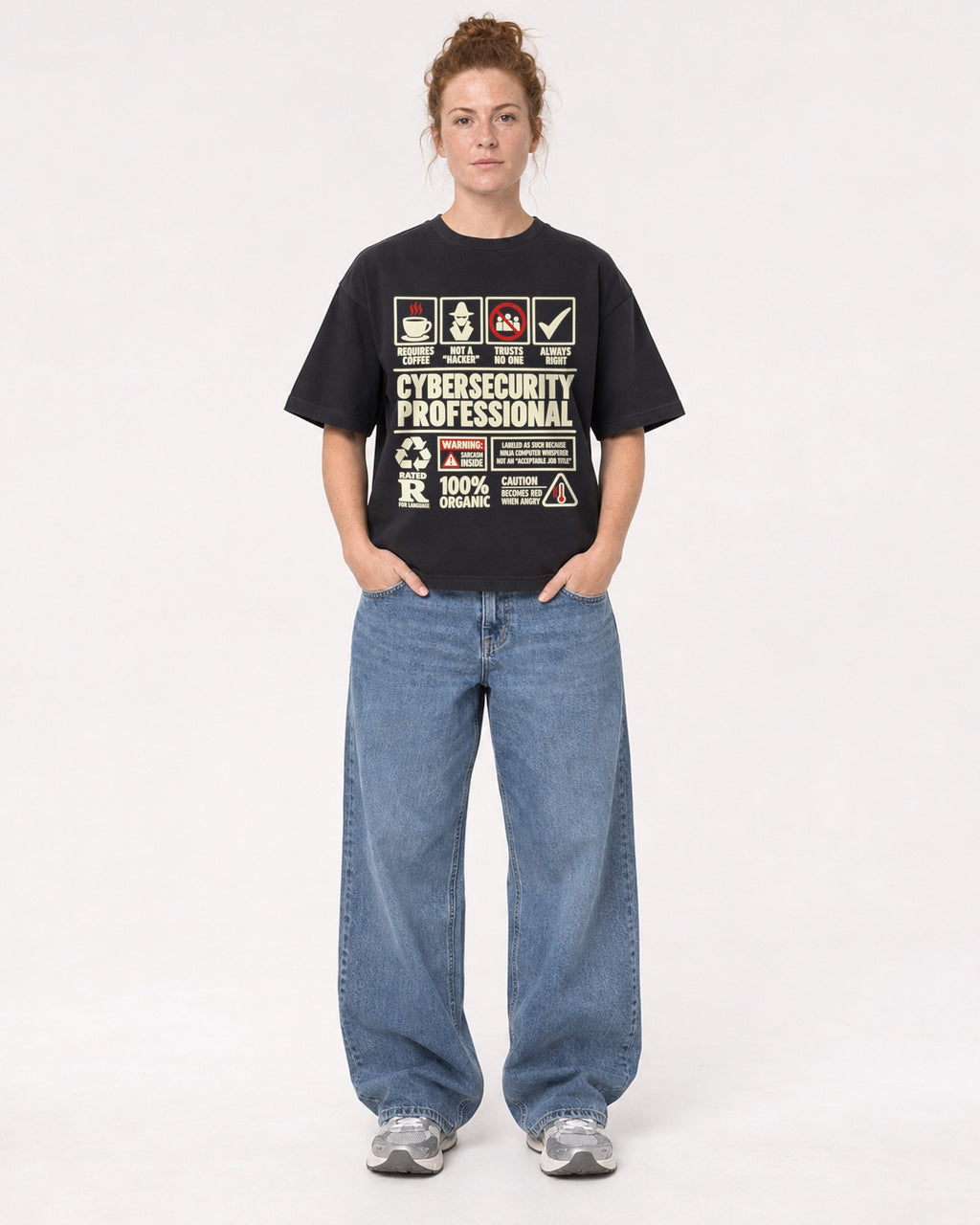 Mockup Boxy Heavyweight Tee Black female full-body 28