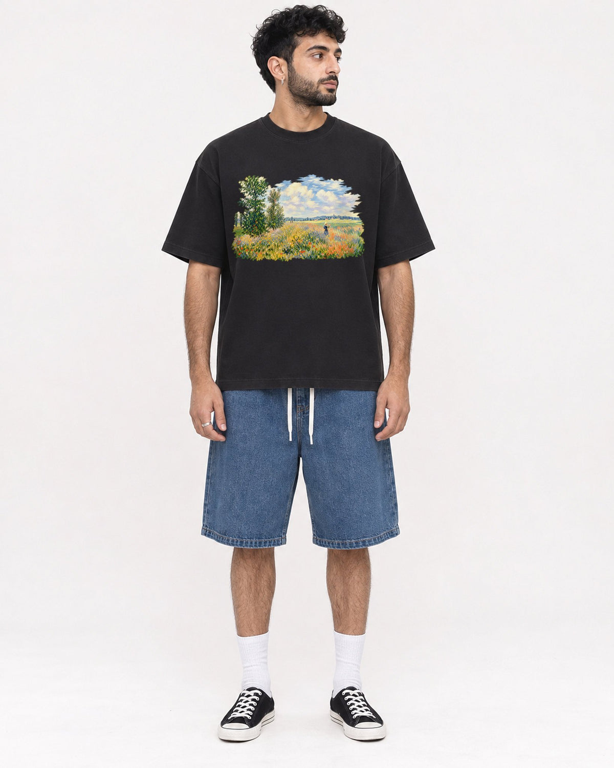 Mockup Boxy Heavyweight Tee Black male full-body 07