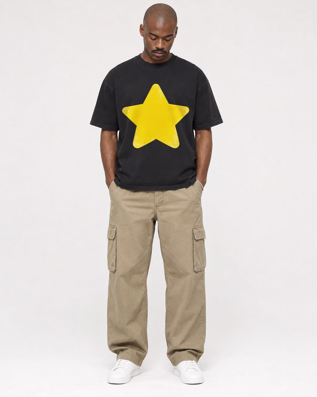 Mockup Boxy Heavyweight Tee Black male full-body 44