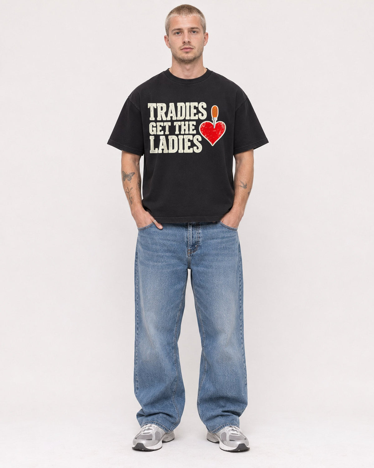 Mockup Boxy Heavyweight Tee Black male full-body 18