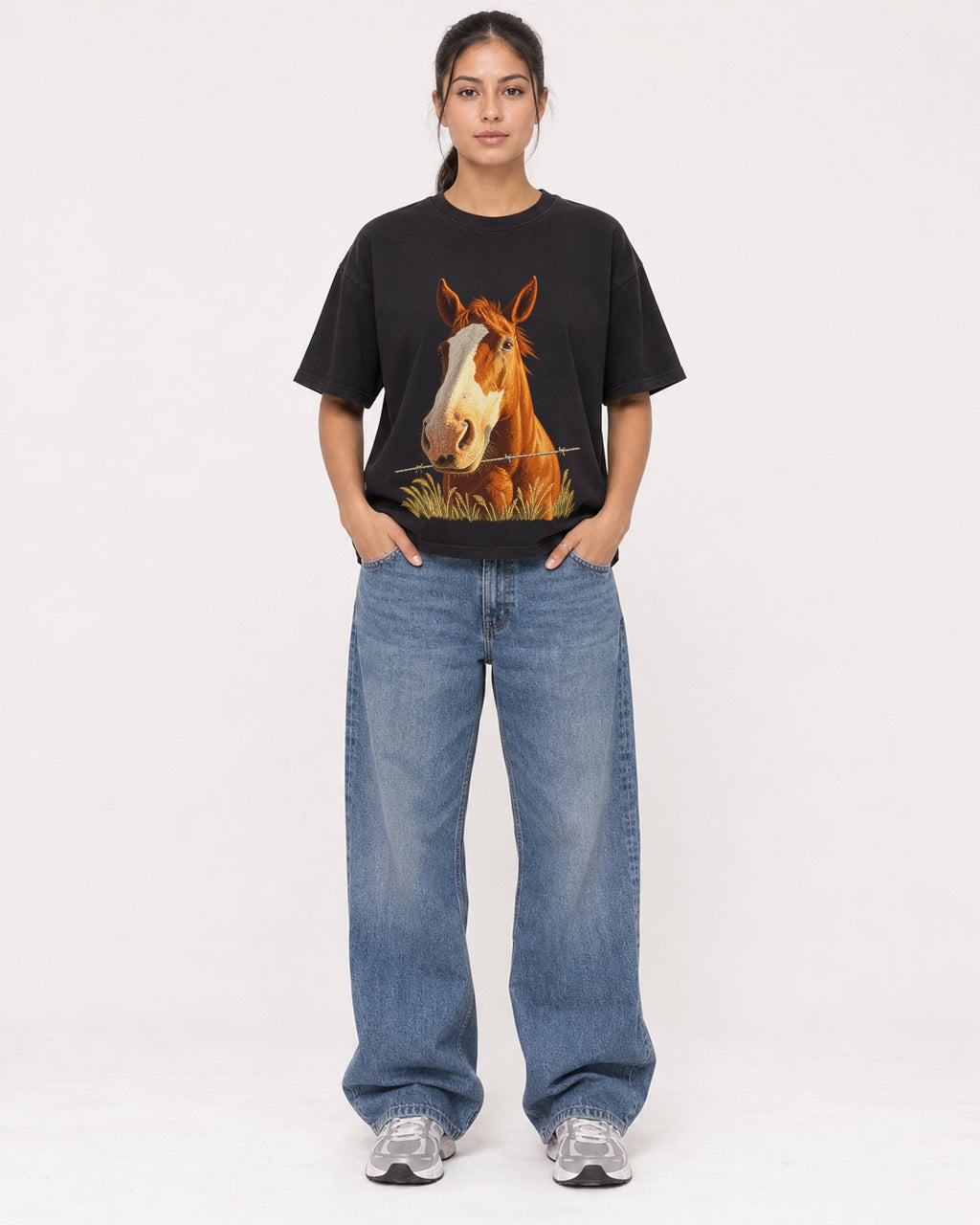 Mockup Boxy Heavyweight Tee Black female full-body 16