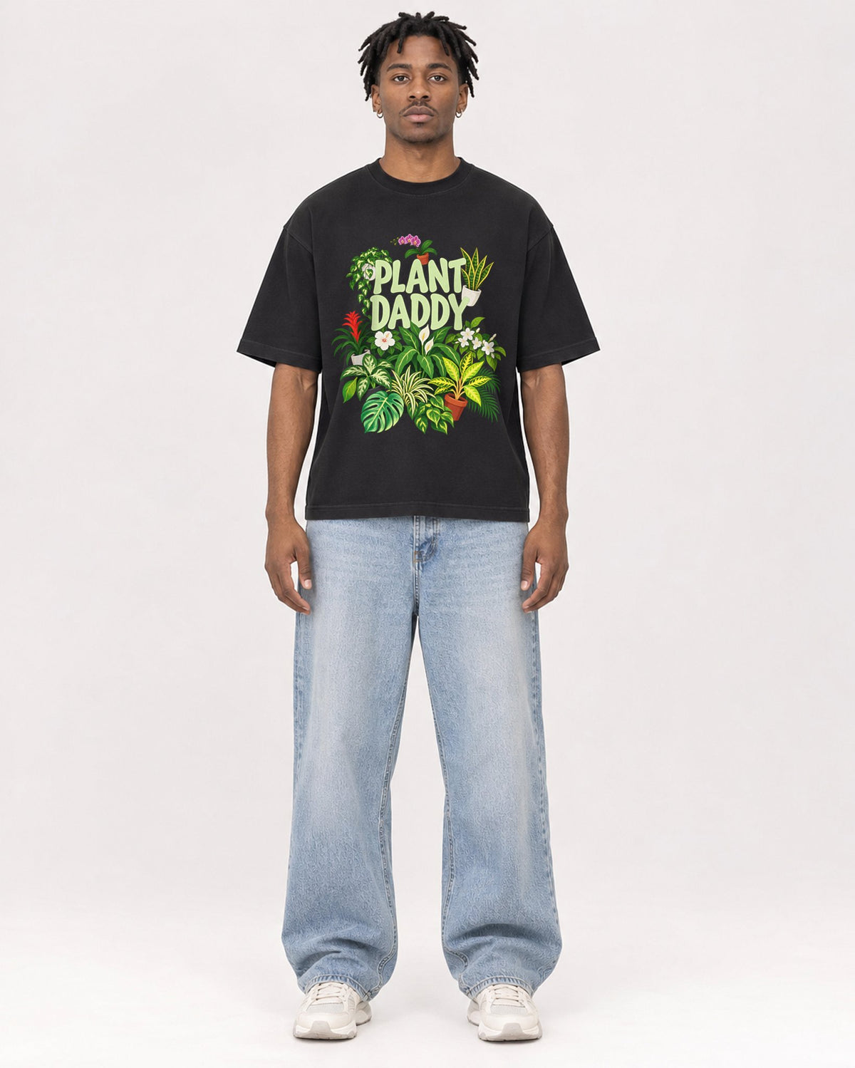 Mockup Boxy Heavyweight Tee Black male full-body 05