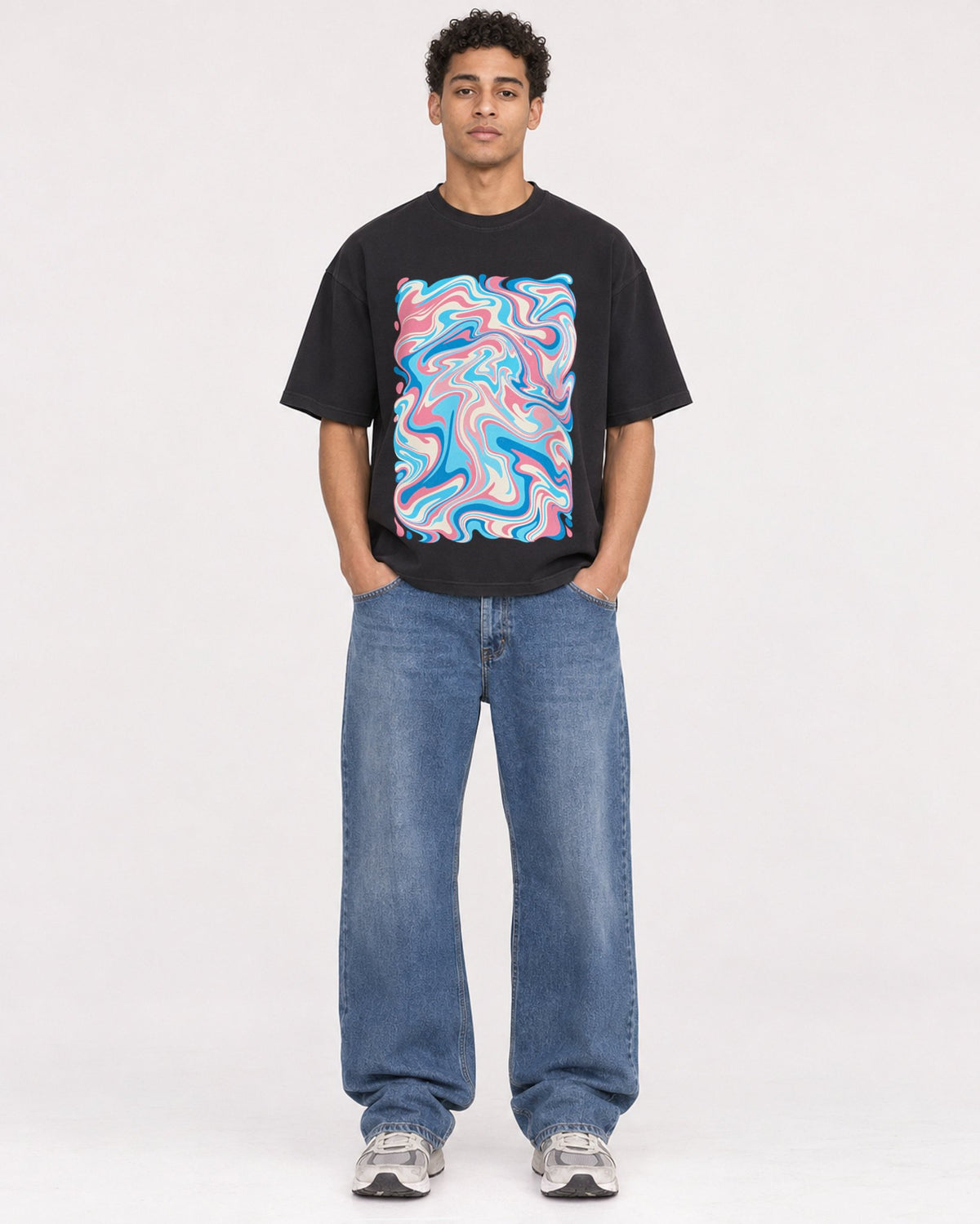 Mockup Boxy Heavyweight Tee Black male full-body 10