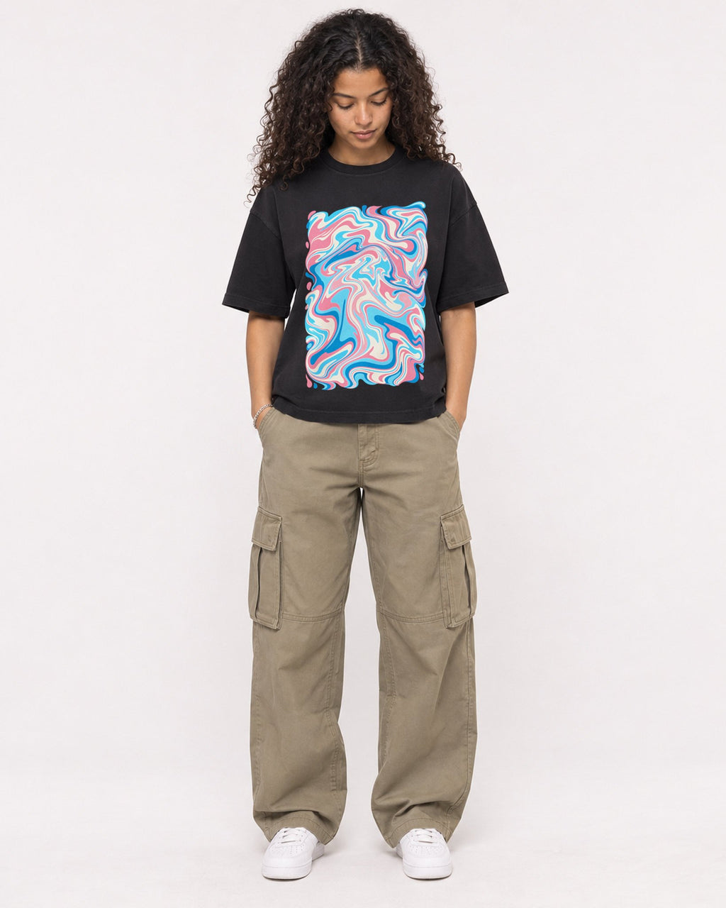 Mockup Boxy Heavyweight Tee Black female full-body 10