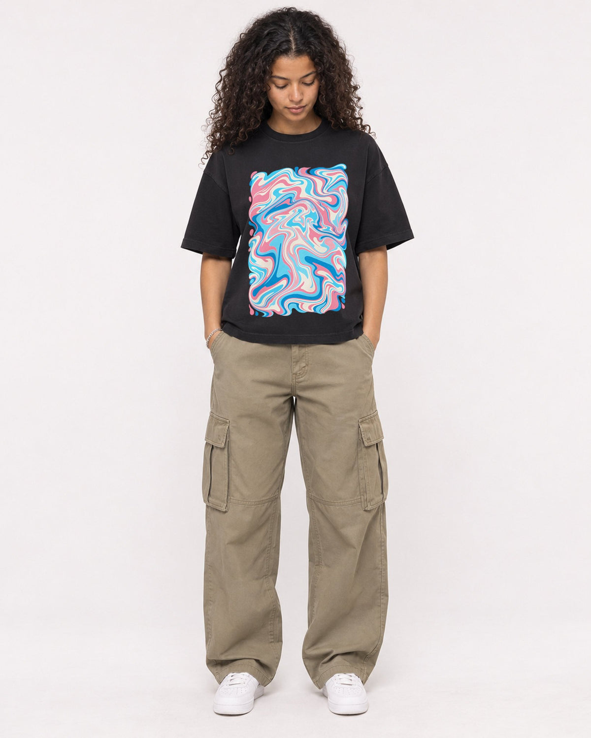 Mockup Boxy Heavyweight Tee Black female full-body 10