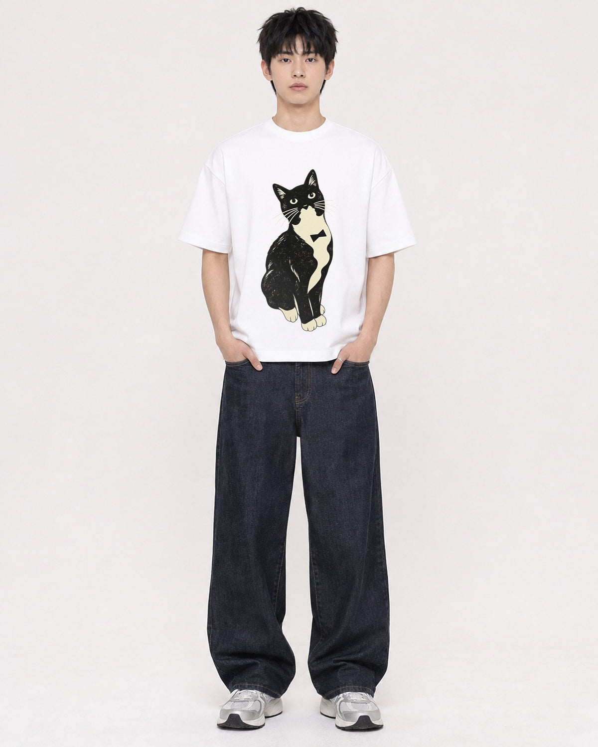 Mockup Boxy Heavyweight Tee White male full-body 01