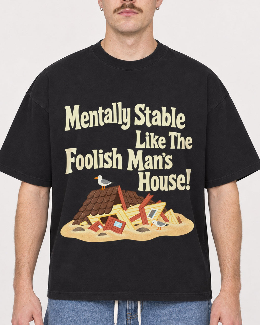 Mockup Boxy Heavyweight Tee Black male close-up 39