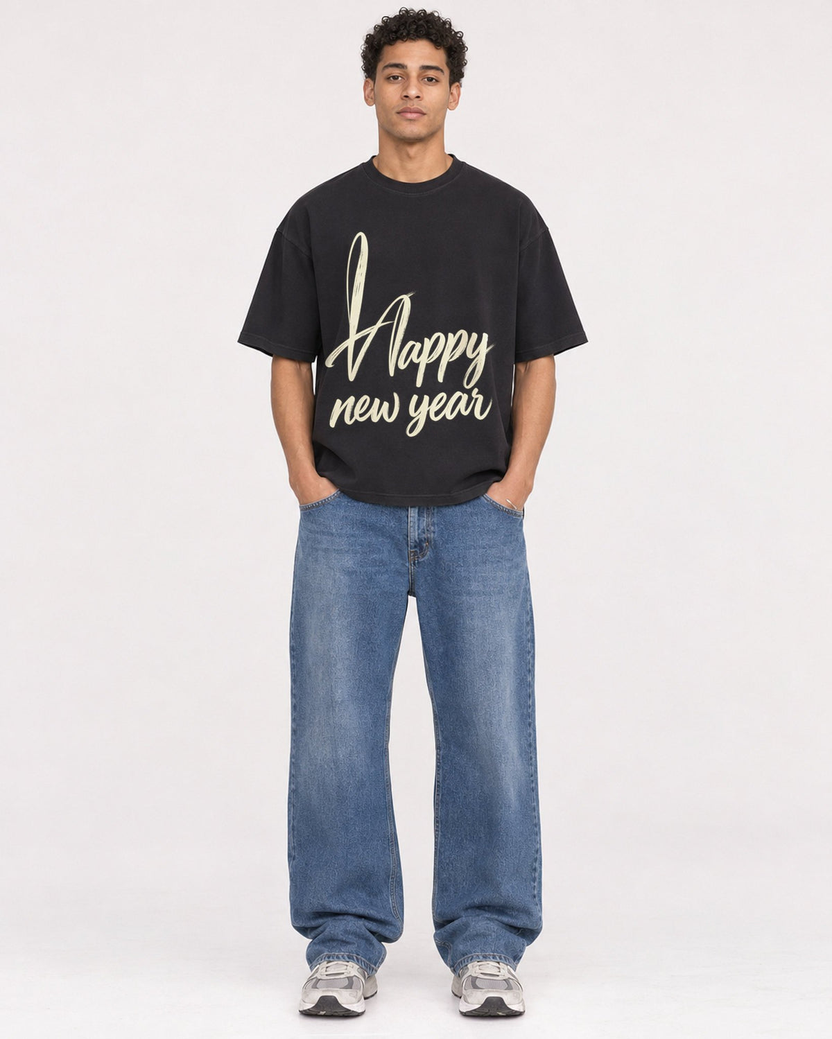 Mockup Boxy Heavyweight Tee Black male full-body 10
