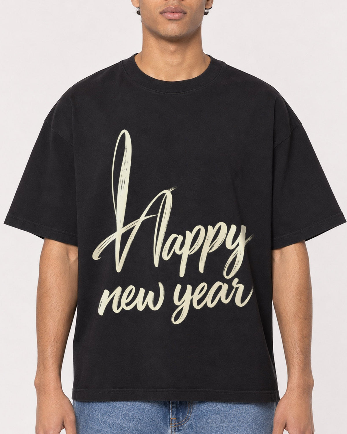 Mockup Boxy Heavyweight Tee Black male close-up 10