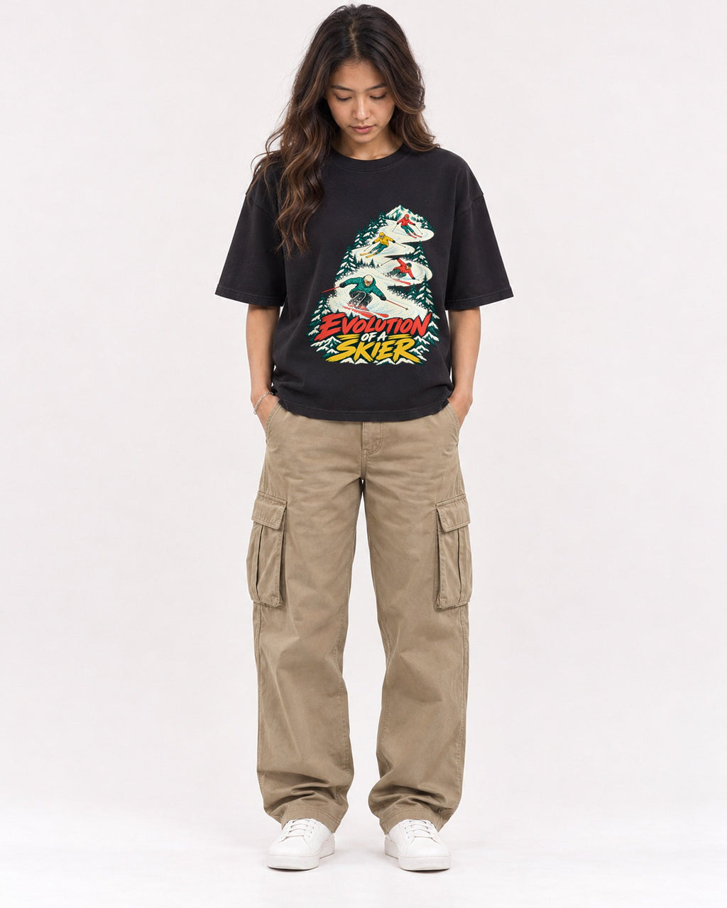 Mockup Boxy Heavyweight Tee Black female full-body 02
